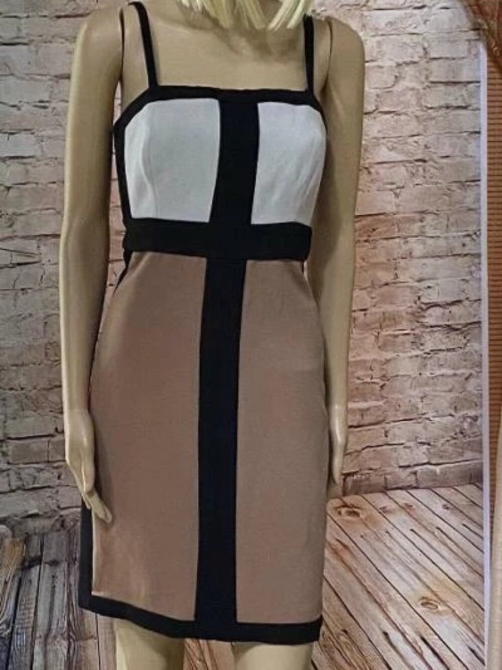 * NEW YORK & COMPANY Strapless Dress Size 8 Mod Color Block Zipper Black Tan